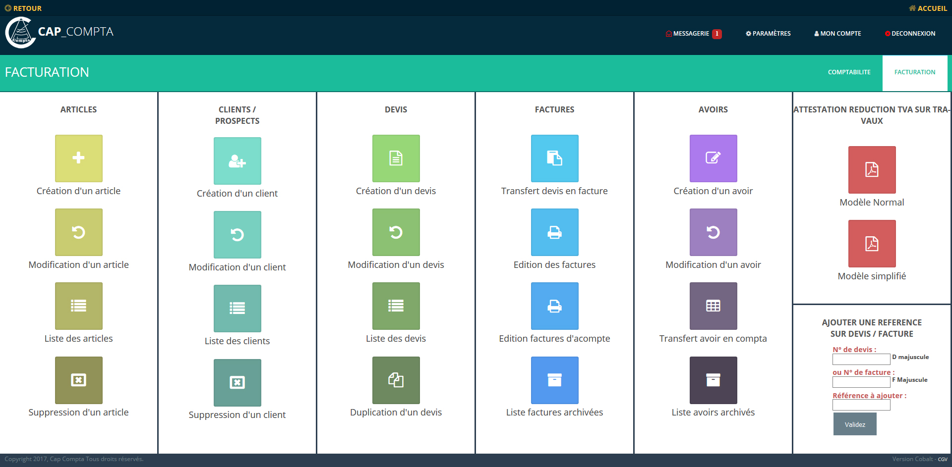 Page facturation logiciel comptabilité en ligne cap compta