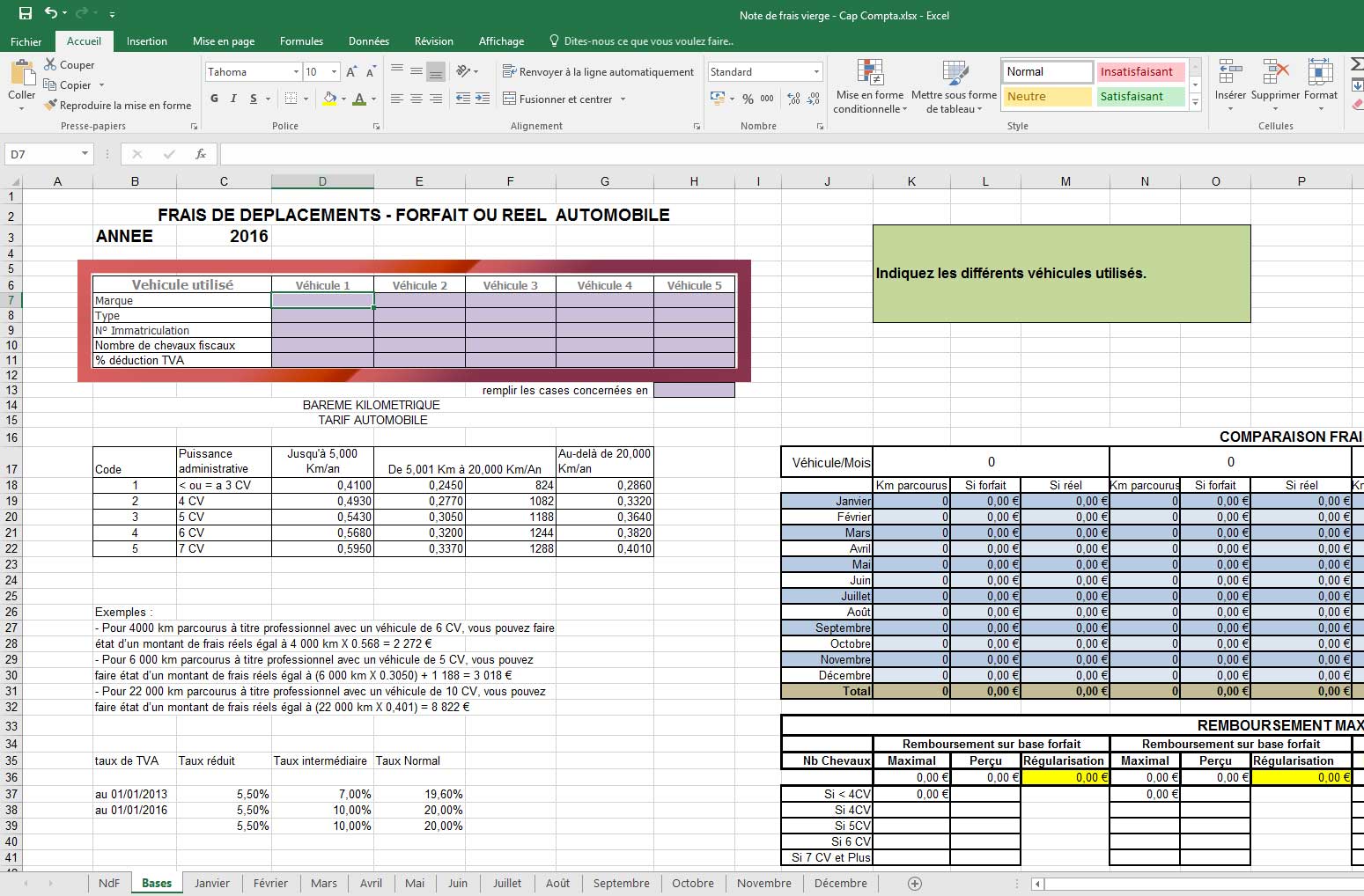 Rendez-vous dans l'onglet intitulé Bases en bas à gauche de votre écran. Puis saisissez dans les cases violettes la marque, le type, le N° d'immatriculation, le nombre de chevaux fiscaux et le % de déduction  de TVA (tableau ci-joint pour les taux).Dans cette page, vous avez ensuite la possibilité de comparer entre le réel et le forfait.